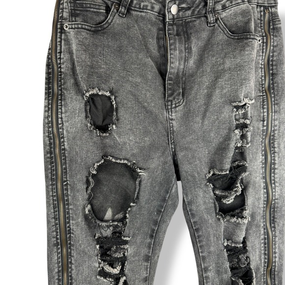 American Bazi Distressed Jeans Womens Size Large Black Denim Edgy Unique Zippers - Picture 5 of 13